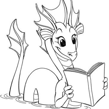 Lineart Chessie monster reading a book