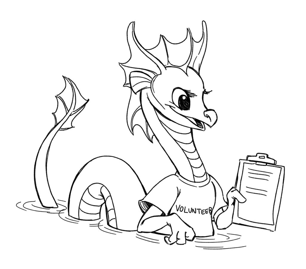 Line art Chessie monster in volunteer T-shirt holding a clipboard